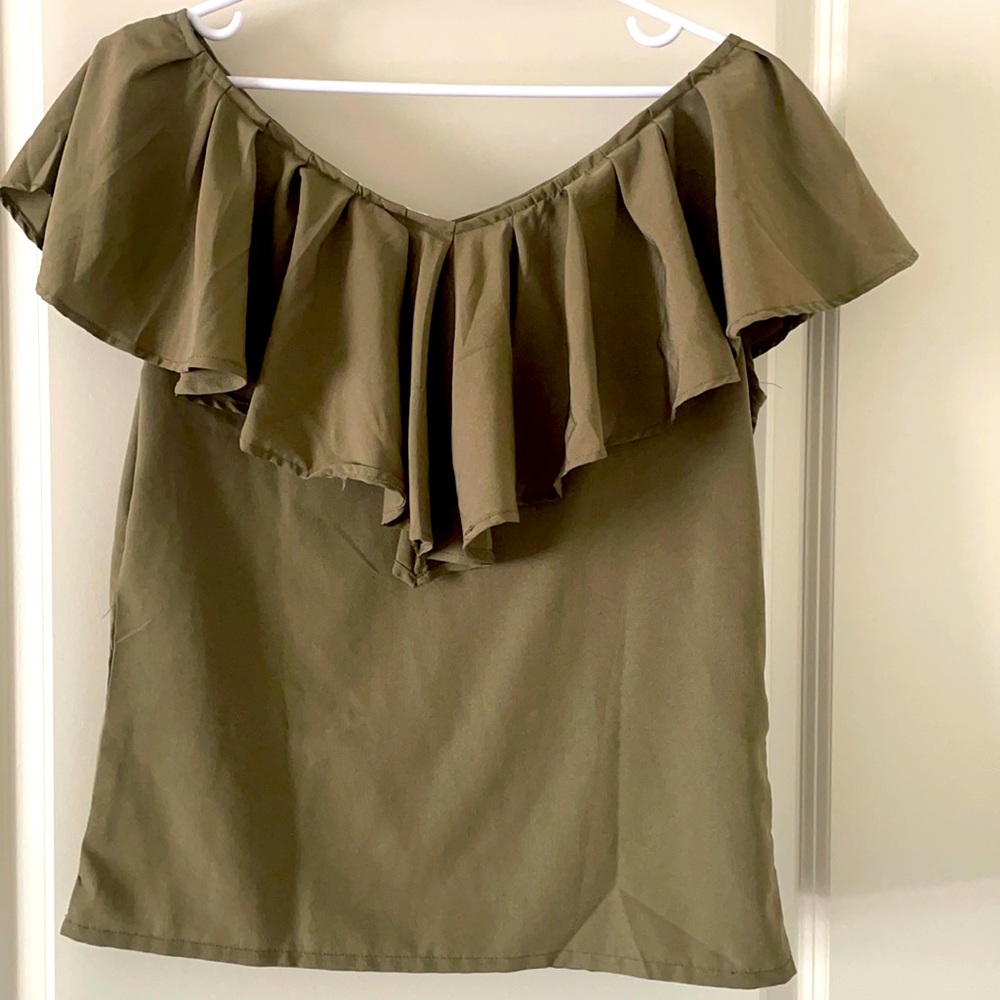 Ruffled Off-shoulder Olive green Top